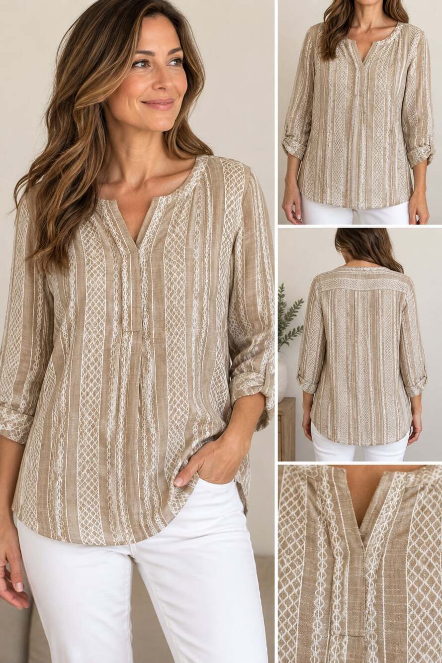 J.Jill Sand Stripe V-Neck Blouse